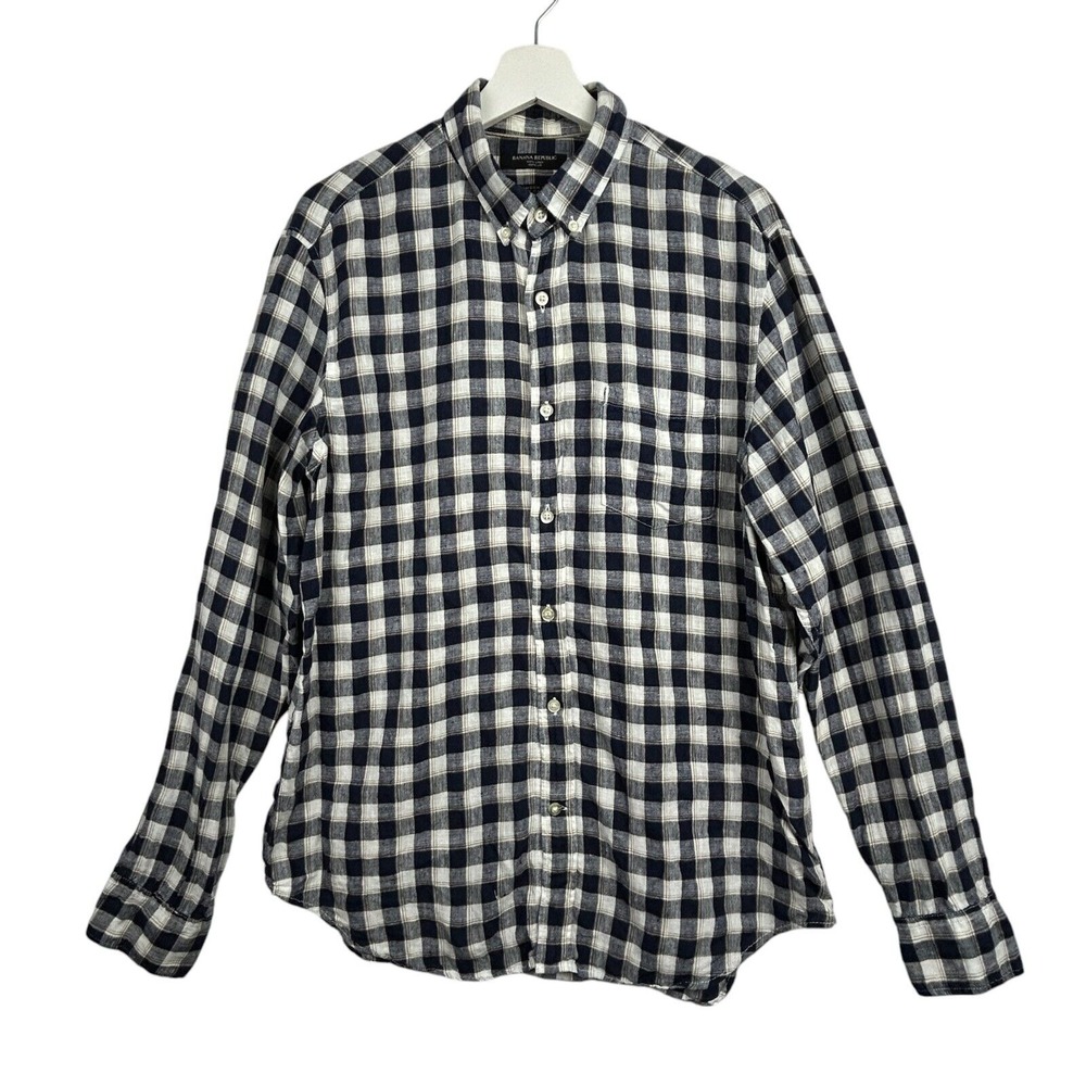 Banana Republic Shirt Mens Medium‎ Linen Camden Fit Button Down Blue White Plaid